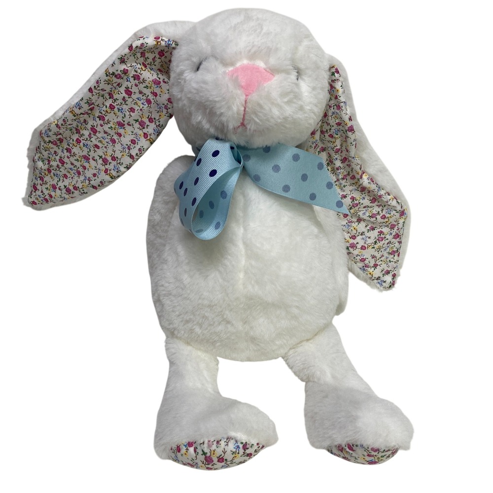 Kellytoy White Plush Bunny Rabbit Floral Ears Blue Polka Dot Bow 16 Inch Easter‎